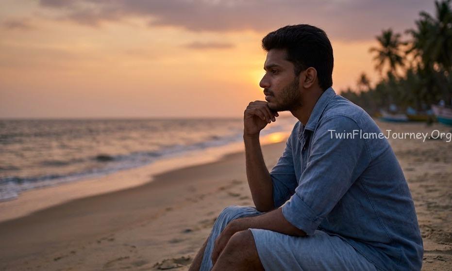 A young South Indian man reflecting by the sea during a twin flame separation phase.