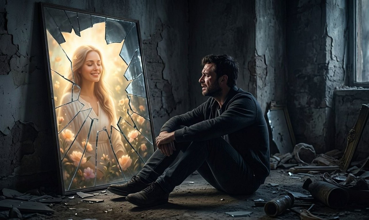 A man looking into a shattered mirror reflecting a peaceful spiritual version of himself.