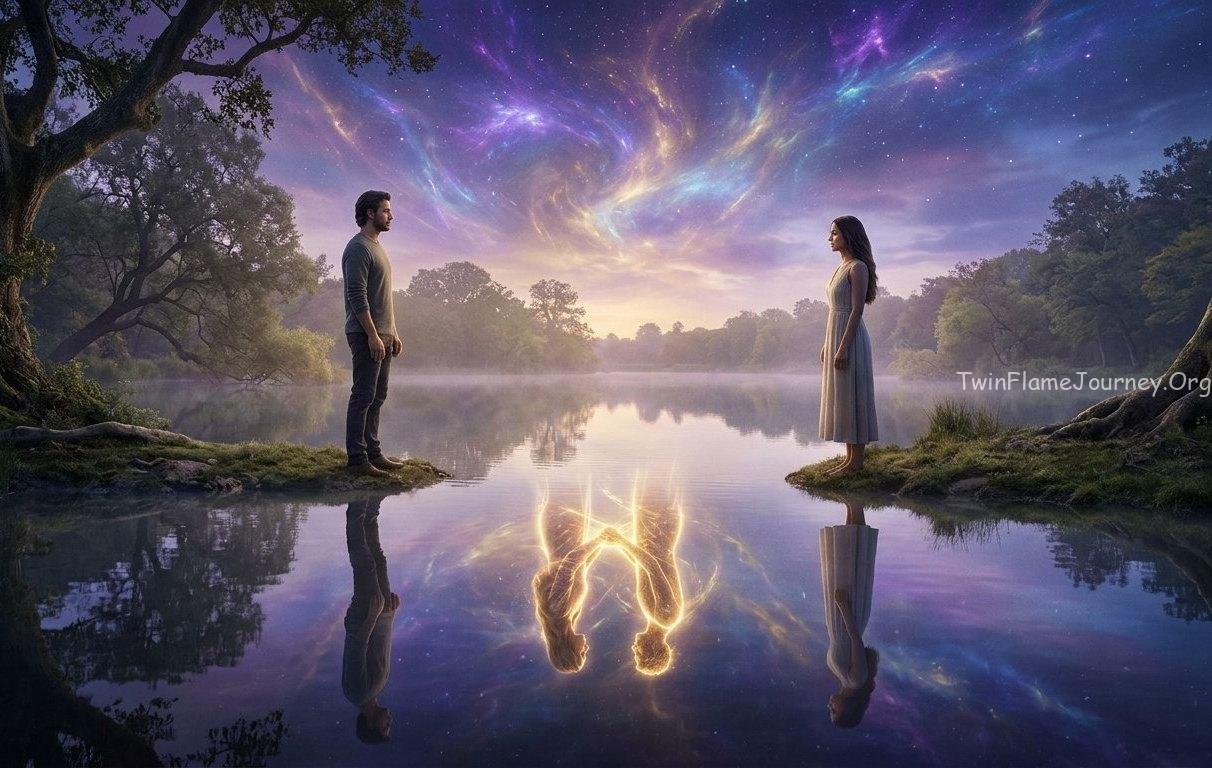 Photorealistic depiction of Twin Flame mirror soul connection showing spiritual reflection.