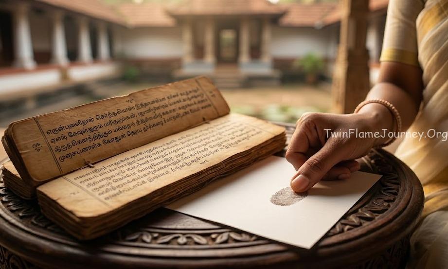 Ancient Nadi Astrology palm leaf manuscripts with thumb impression for destiny reading.