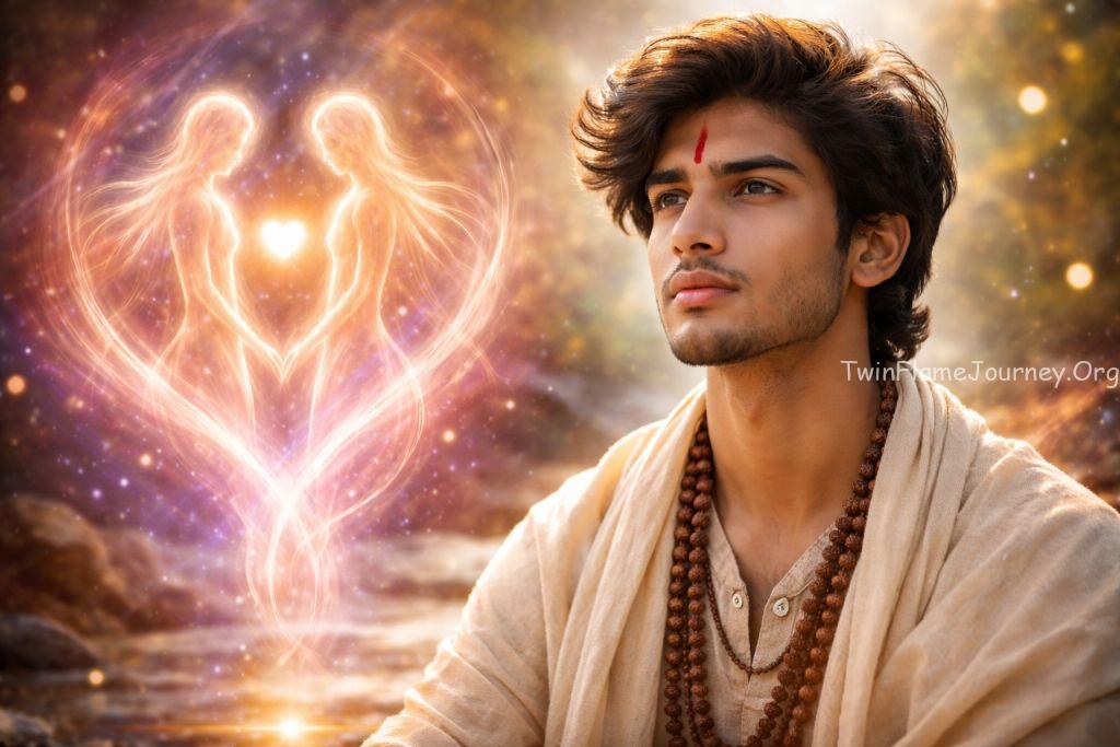 DM with gentle eyes, traditional subtle attire, soft glowing light representing past life recognition and karmic soul bond
