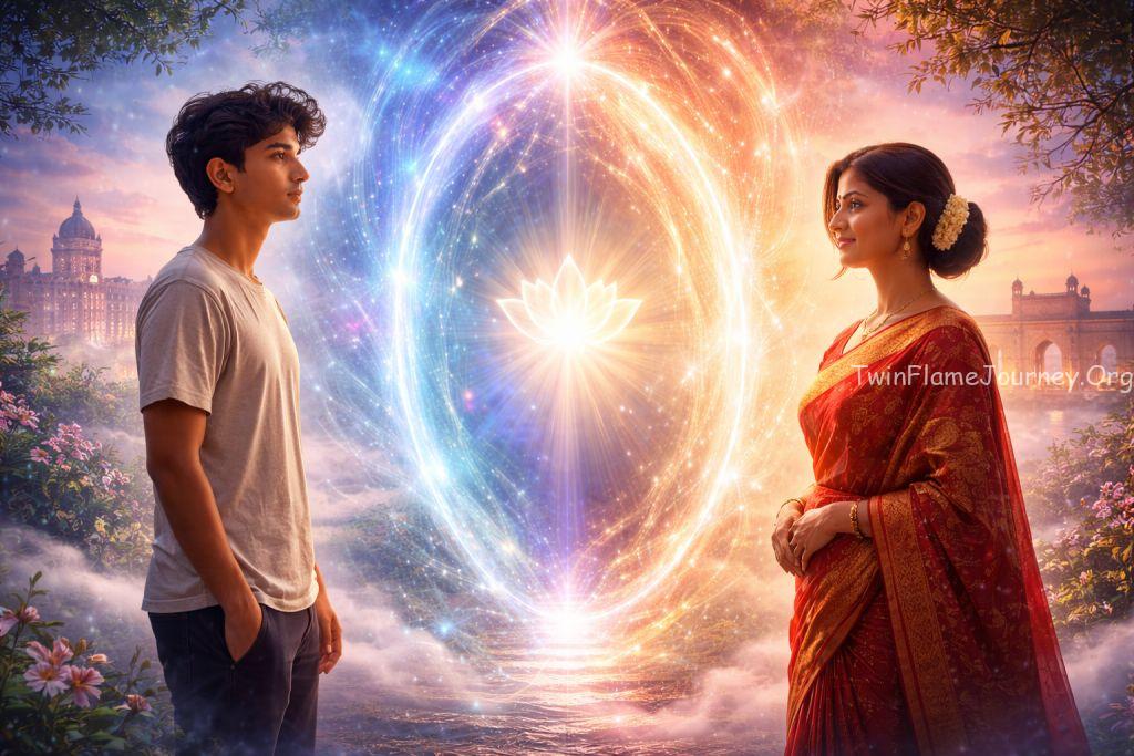 A conceptual digital art piece showing TFs standing on opposite sides of a glowing spiritual portal