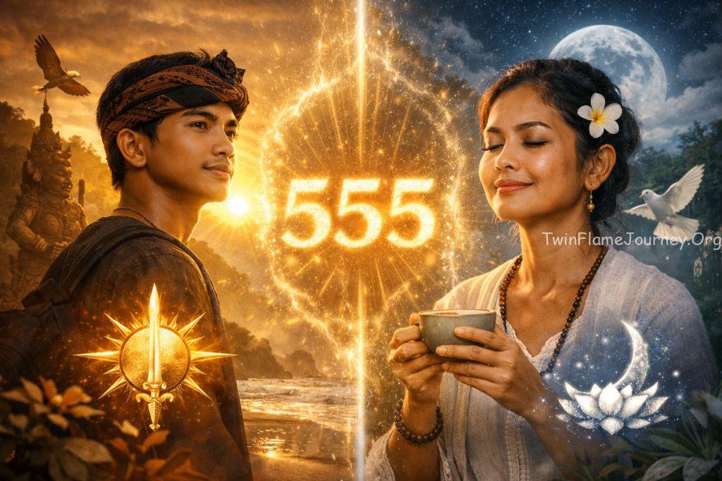 Illustrates the "Mirror Soul" concept and the massive shifts (555) in the twin flame journey.